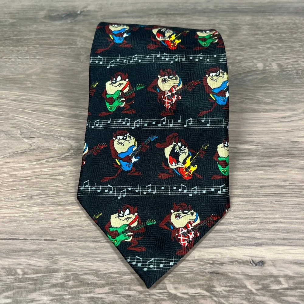 VTG 2001 Looney Tunes Necktie Mens Black Taz Tasmanian Devil Rock Guitar Music